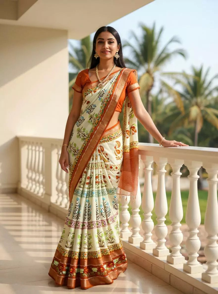 Cream Soft Dola Silk Floral Design Saree