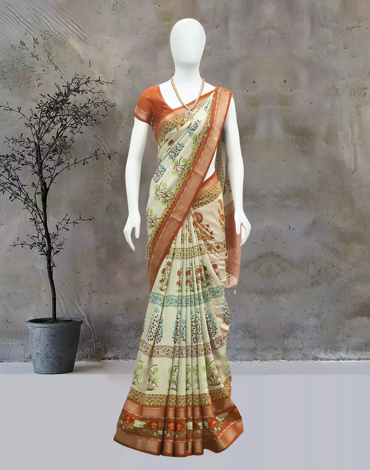 Cream Soft Dola Silk Floral Design Saree