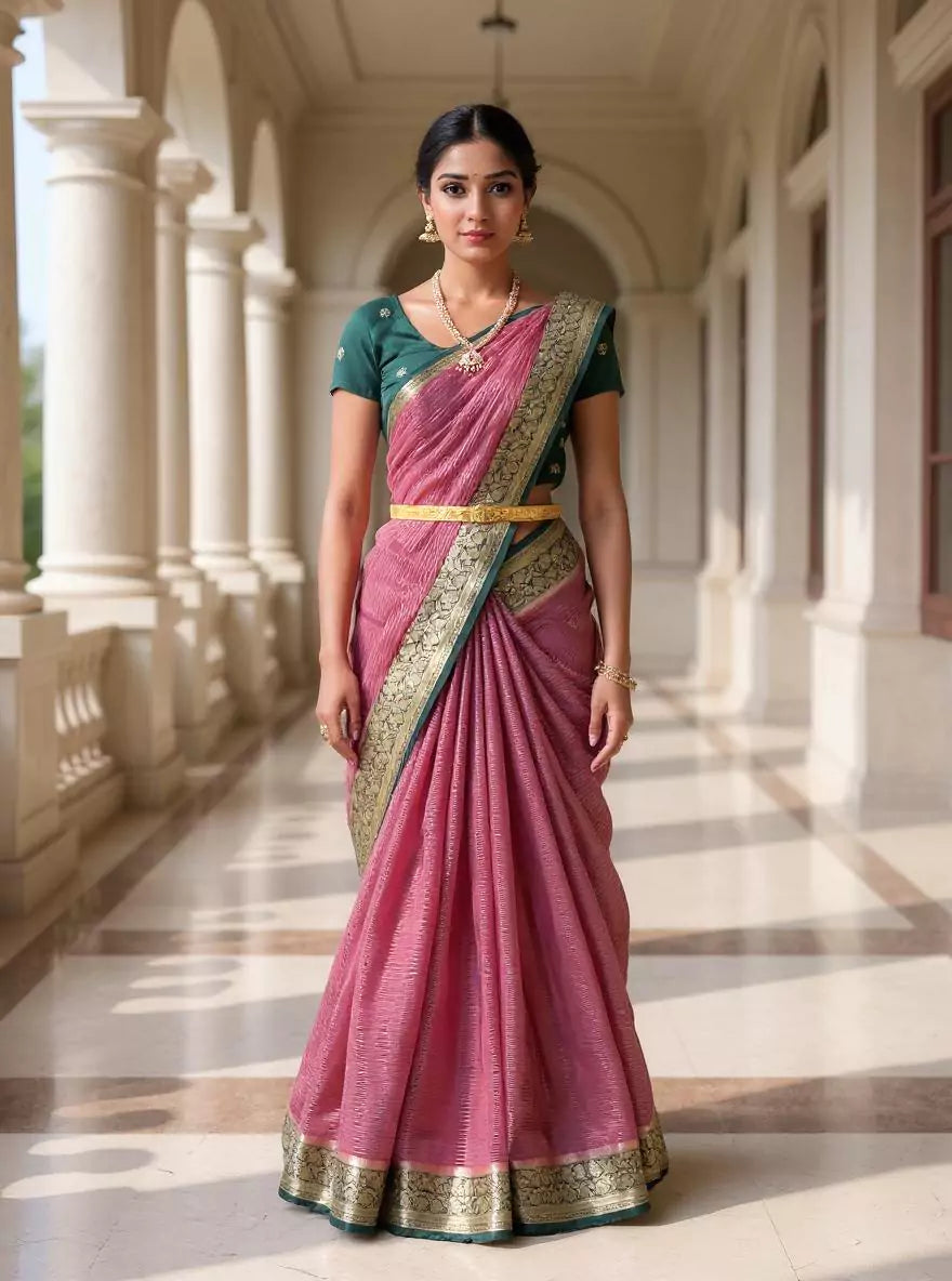 Onion Floral Chinon Silk Saree with Banaras Border