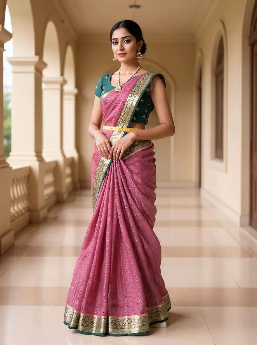 Onion Floral Chinon Silk Saree with Banaras Border