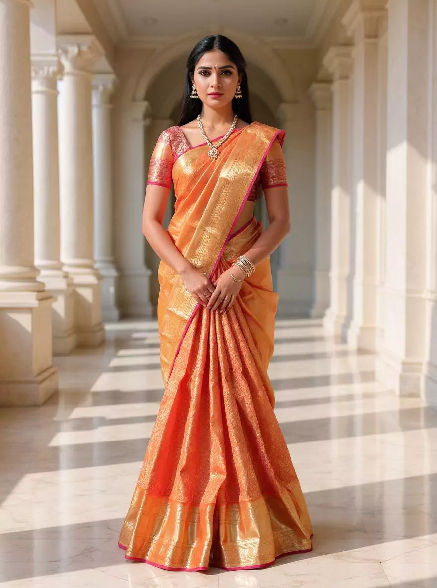 Cherry Red Floral Zari Jaal Kanchi Pattu Saree