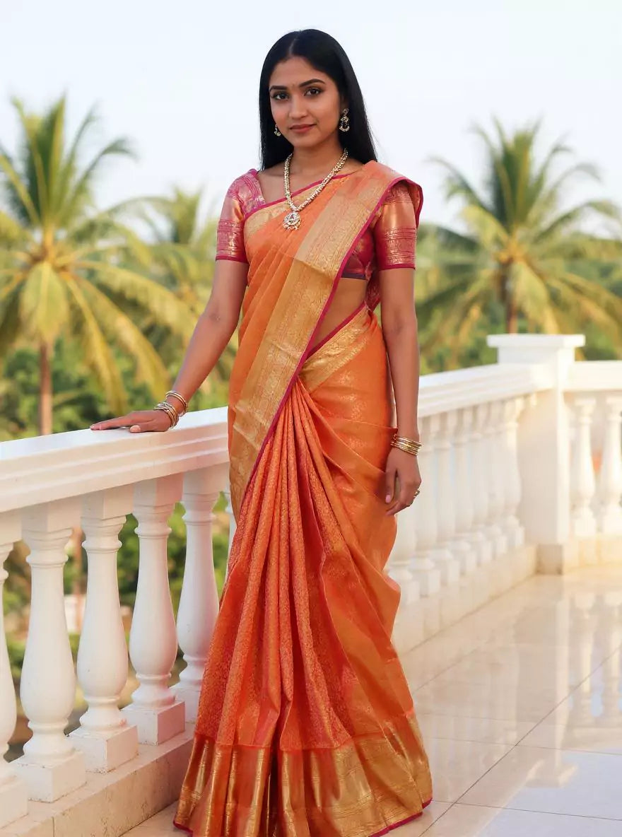 Cherry Red Floral Zari Jaal Kanchi Pattu Saree