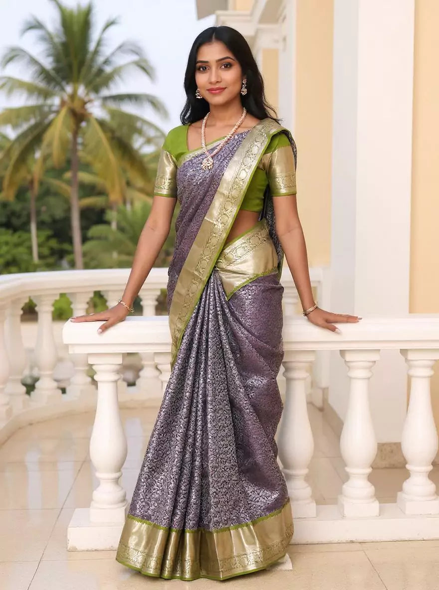 Navy Blue Silver Zari Kanchi Pattu Silk Saree