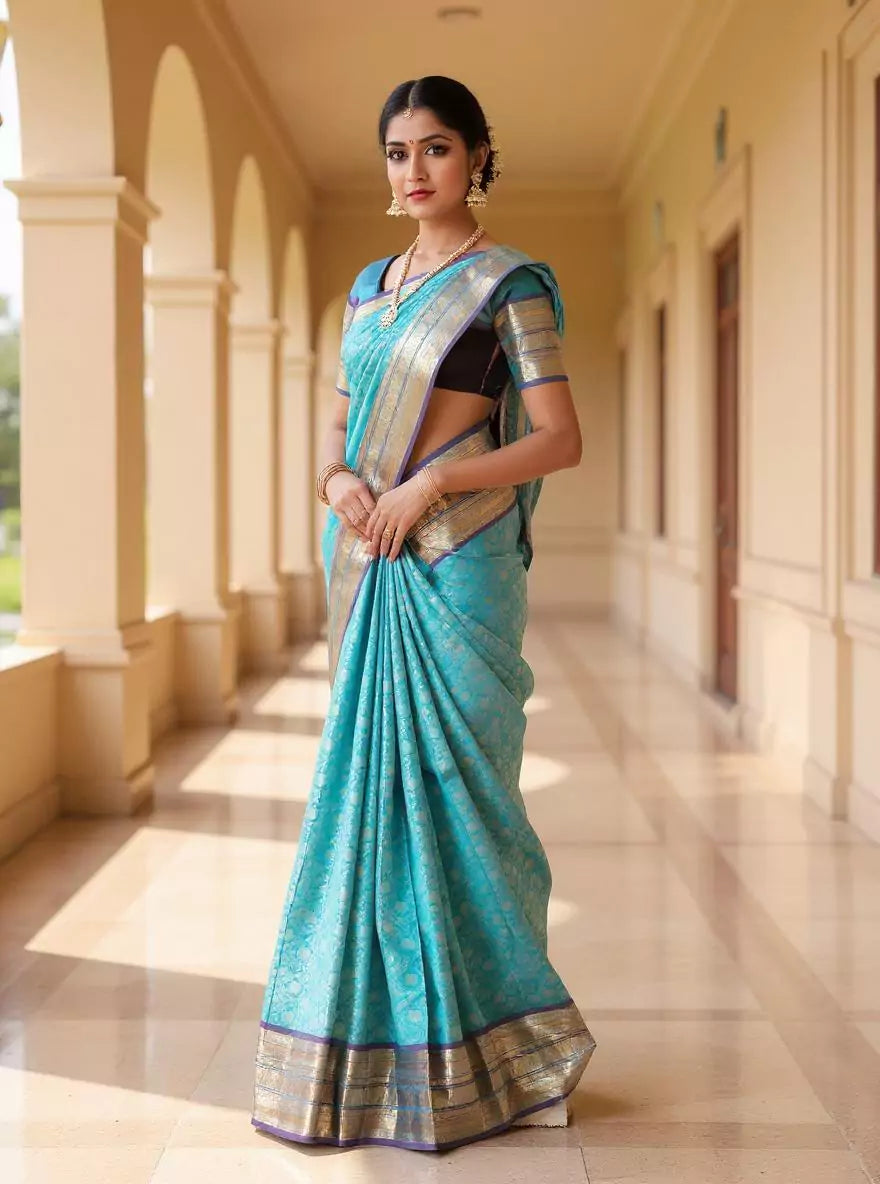 Sky Blue All Over Floral Silver Jaal Kanchi Pattu Saree