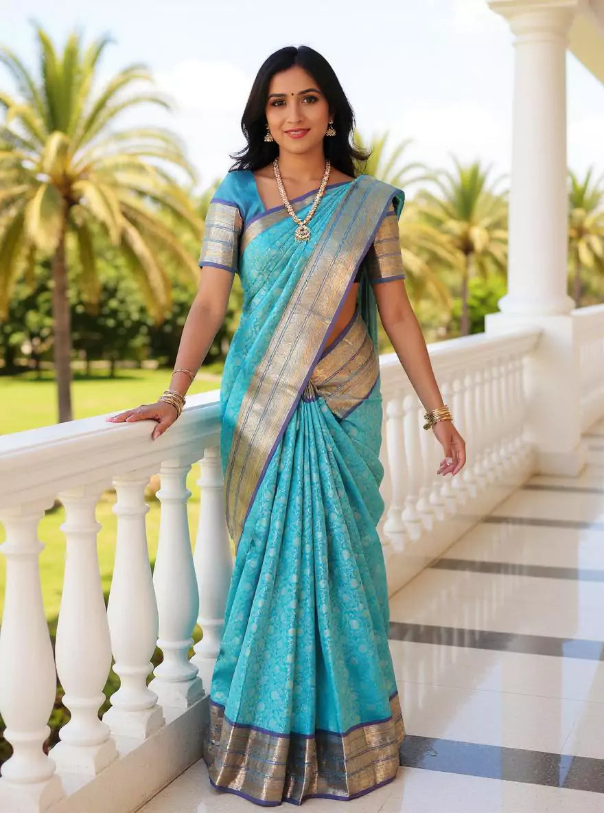 Sky Blue All Over Floral Silver Jaal Kanchi Pattu Saree