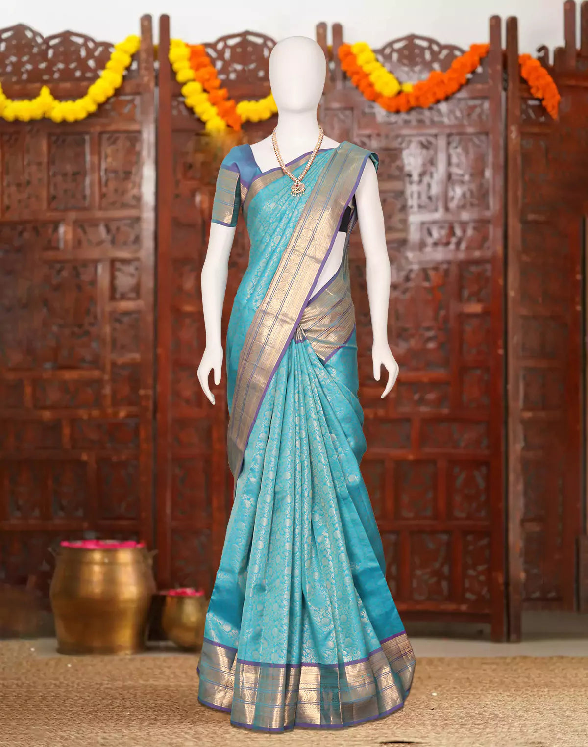 Sky Blue All Over Floral Silver Jaal Kanchi Pattu Saree