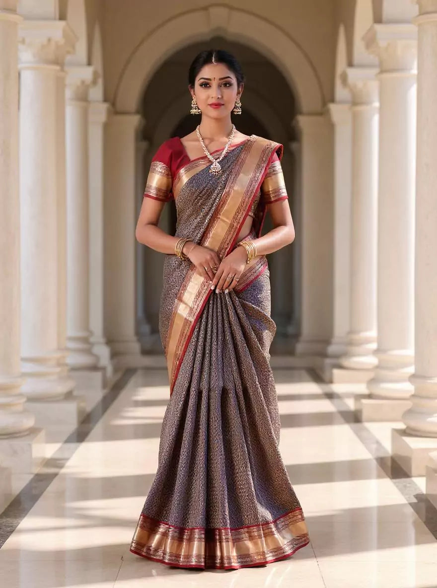 Navy Blue Brocade Booti's Kanchi Pattu Saree with Contrast Skut Border