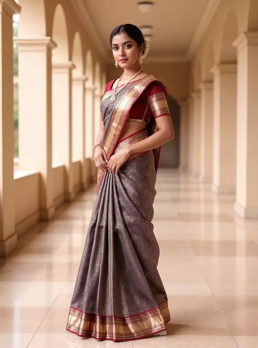 Navy Blue Brocade Booti's Kanchi Pattu Saree with Contrast Skut Border