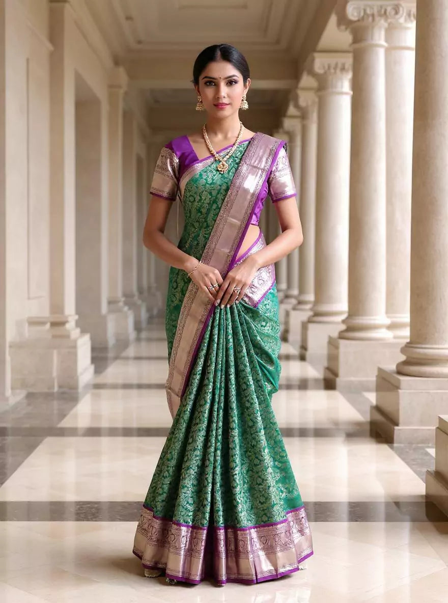 Green Floral Kanchi Pattu Saree with Contrast Silver Zari Border