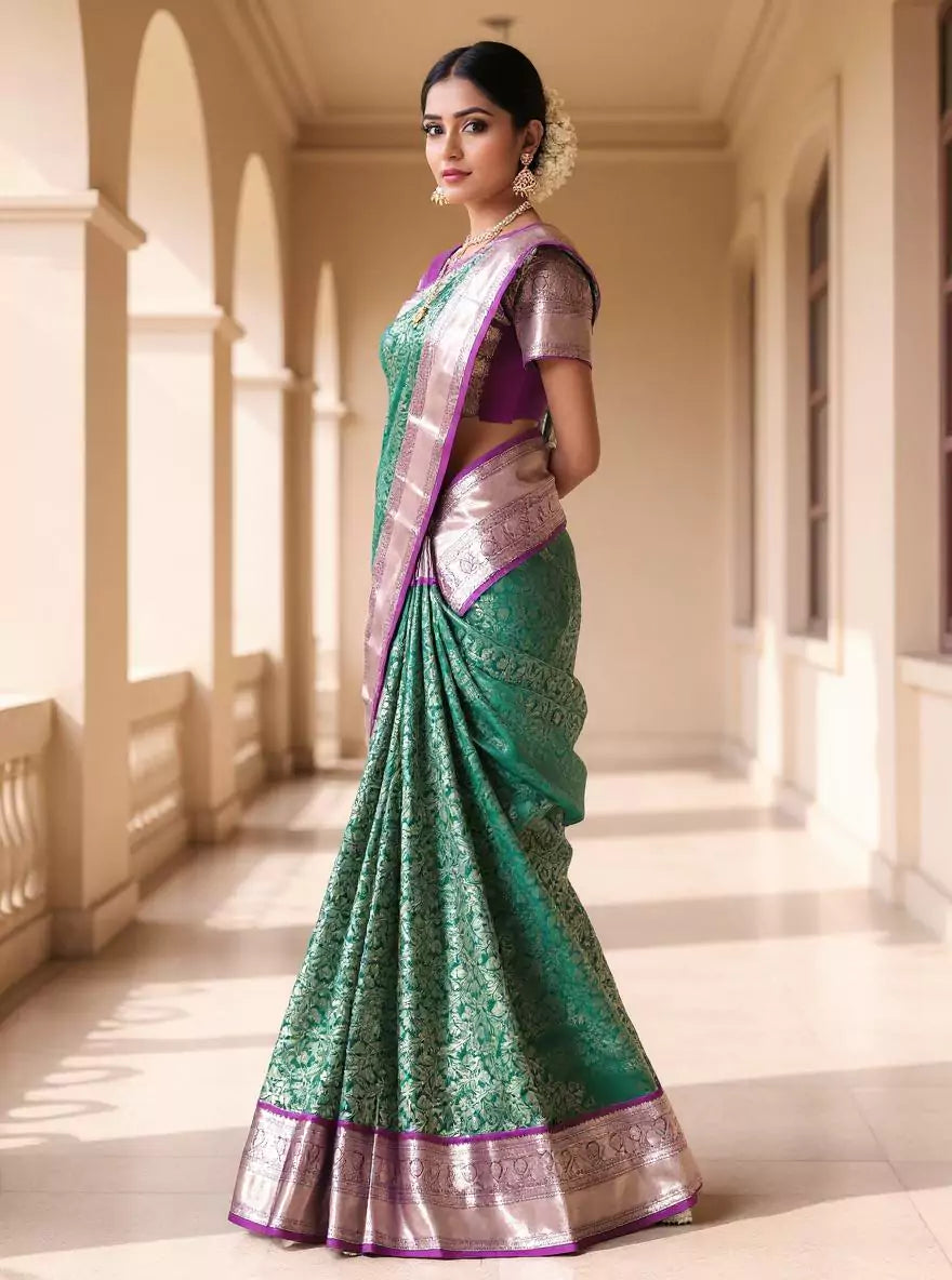 Green Floral Kanchi Pattu Saree with Contrast Silver Zari Border
