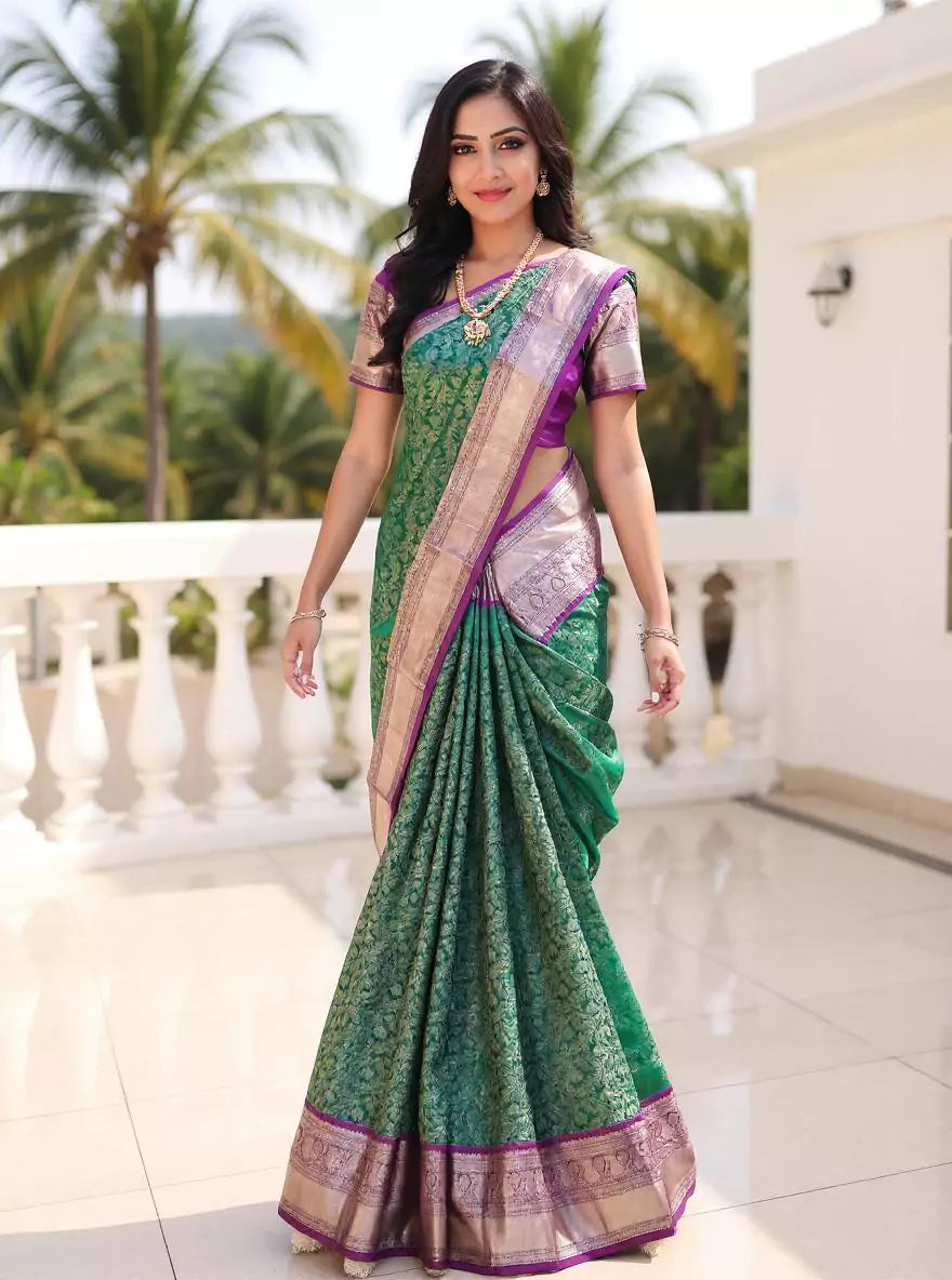 Green Floral Kanchi Pattu Saree with Contrast Silver Zari Border