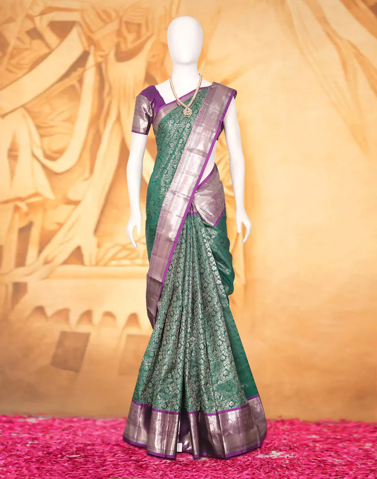 Green Floral Kanchi Pattu Saree with Contrast Silver Zari Border