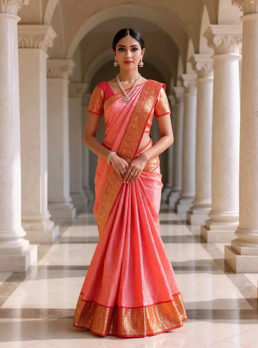 Peach Floral Golden Zari Jaal Kanchi Pattu Silk Saree