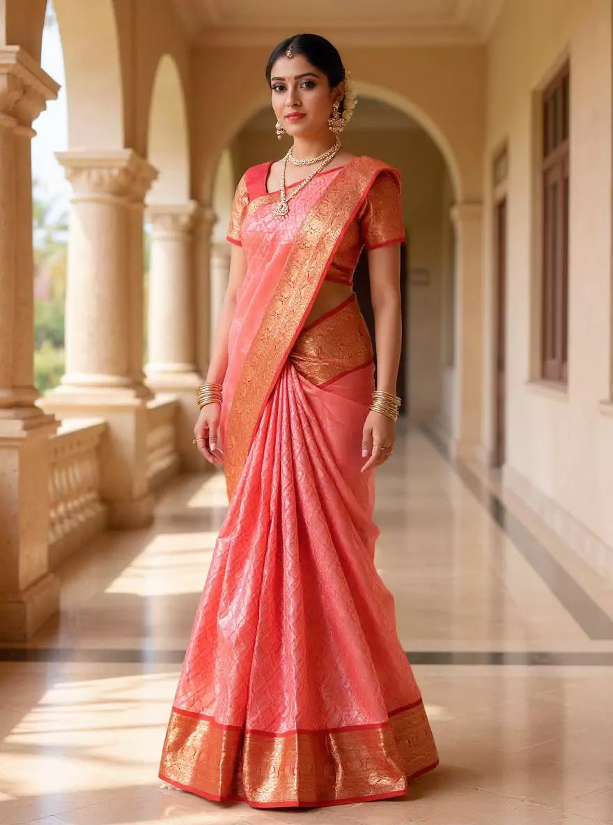 Peach Floral Golden Zari Jaal Kanchi Pattu Silk Saree