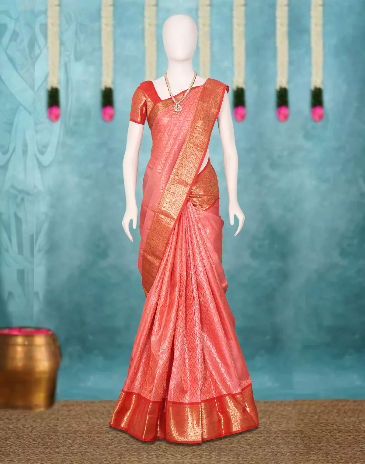 Peach Floral Golden Zari Jaal Kanchi Pattu Silk Saree