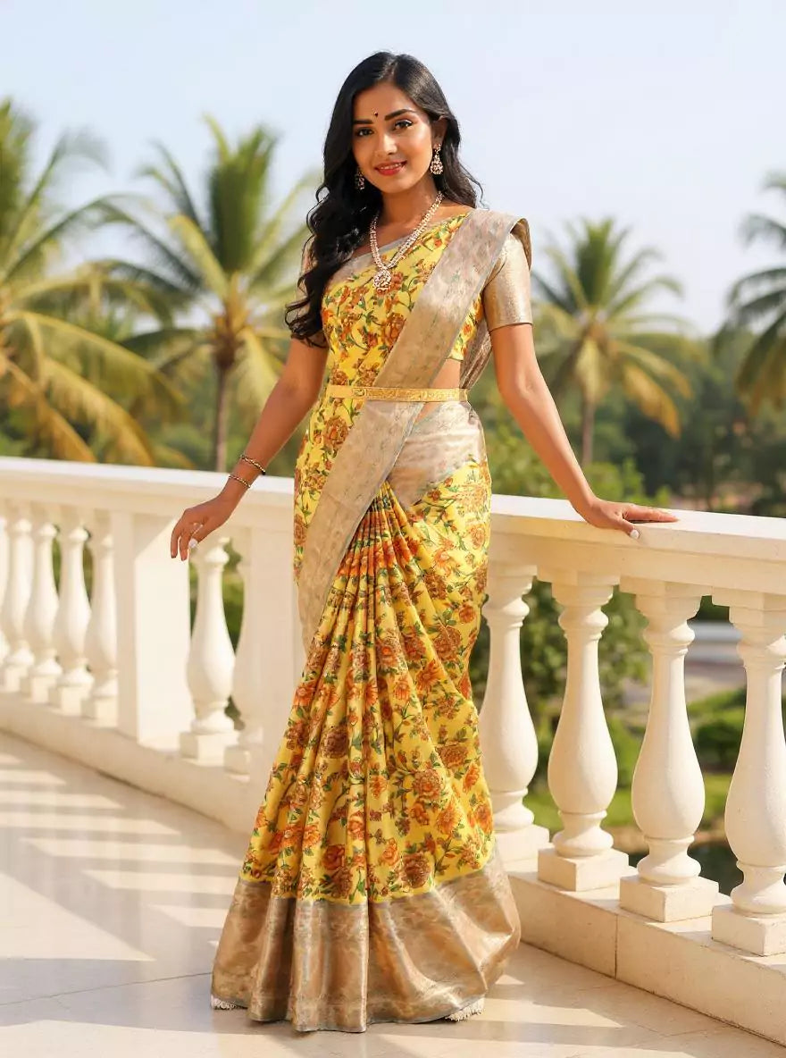 Yellow Floral Printed Tissue Fancy Saree