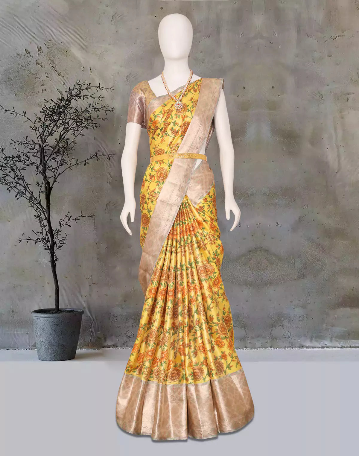 Yellow Floral Printed Tissue Fancy Saree