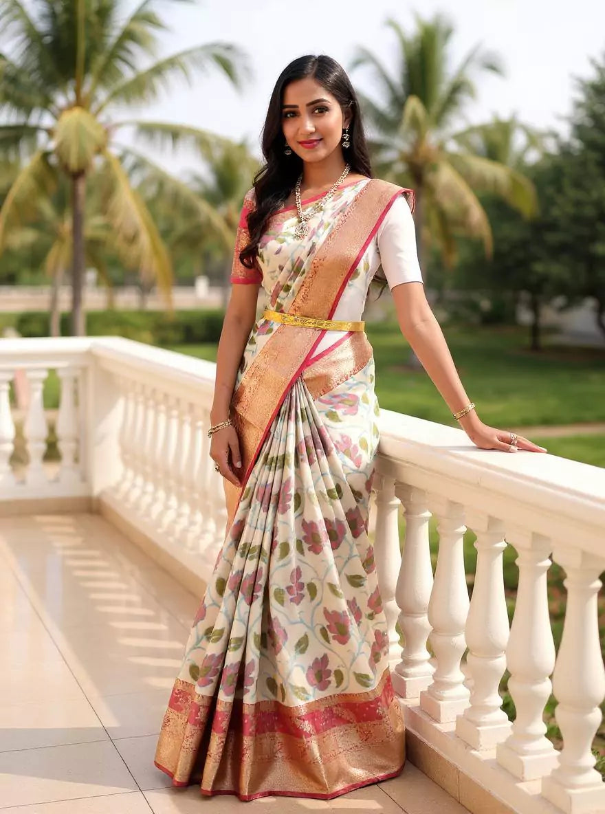 Decent Cream Ikat  Tissue Saree with Kanchi Border
