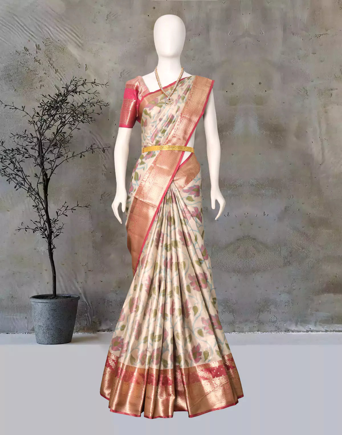 Decent Cream Ikat  Tissue Saree with Kanchi Border