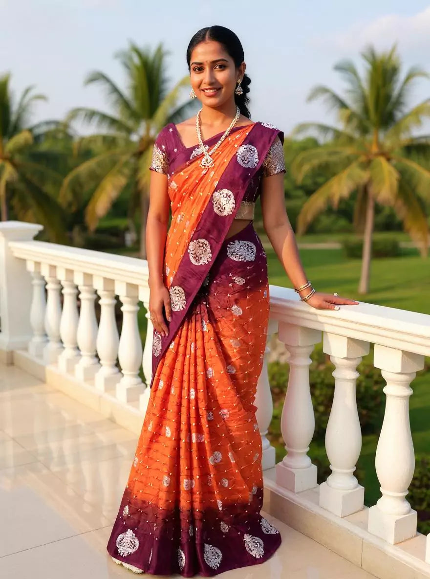 Orange and Wine Bandhini Print Chinon Silk Saree