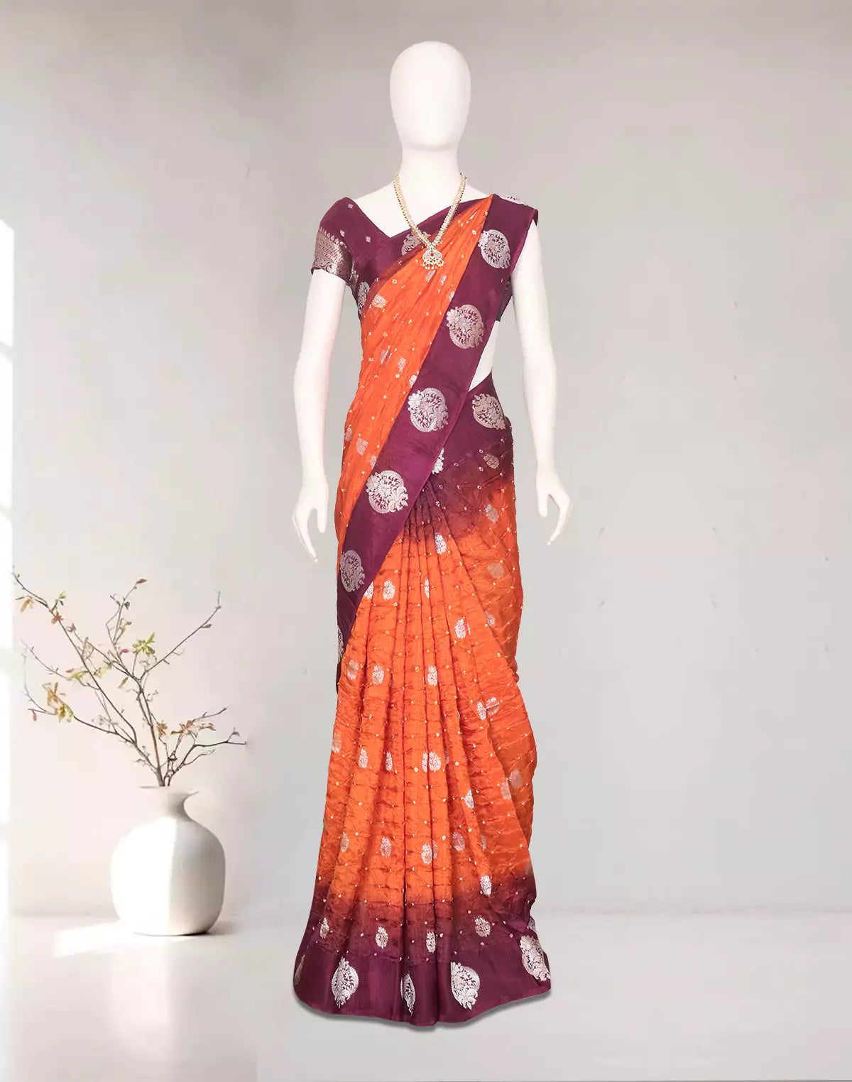 Orange and Wine Bandhini Print Chinon Silk Saree