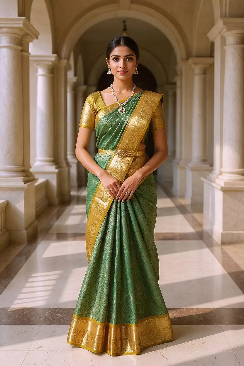 Fabulous Green Golden Brocade Zari work Kanchi Pattu Saree