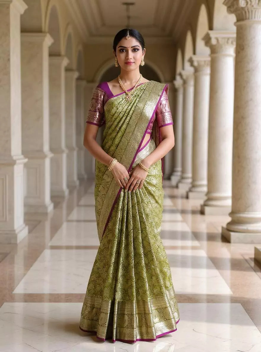 Parrot Green Floral Silver Zari Kanchi Pattu Saree with Contrast Blouse
