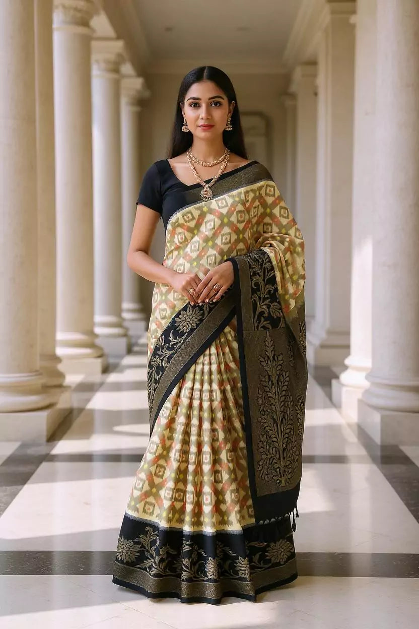 Coimbatore Pure Silk Ikat Cream Saree with Tussels