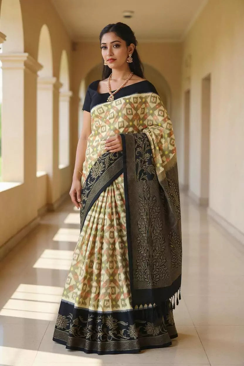 Coimbatore Pure Silk Ikat Cream Saree with Tussels