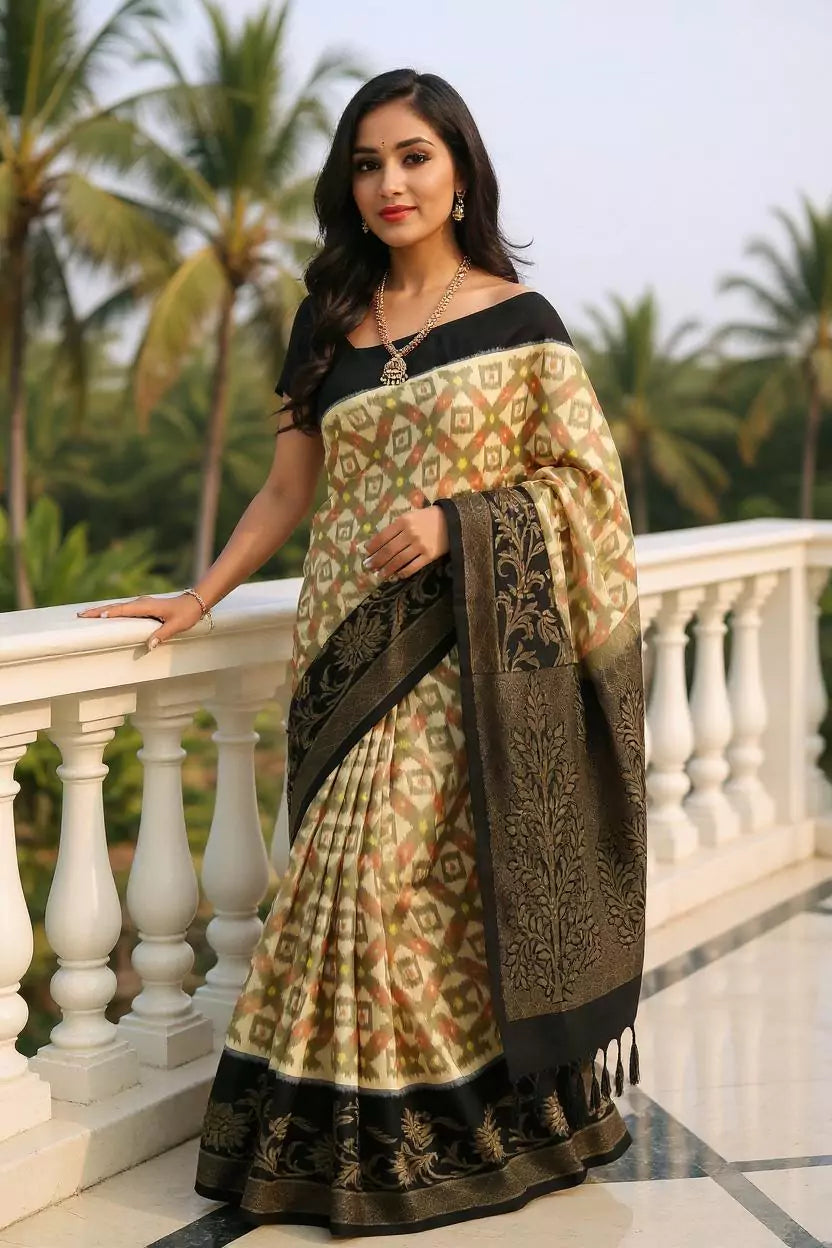Coimbatore Pure Silk Ikat Cream Saree with Tussels