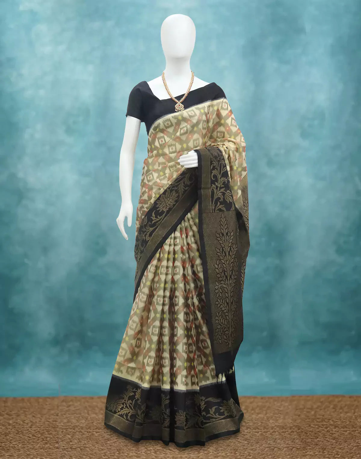 Coimbatore Pure Silk Ikat Cream Saree with Tussels