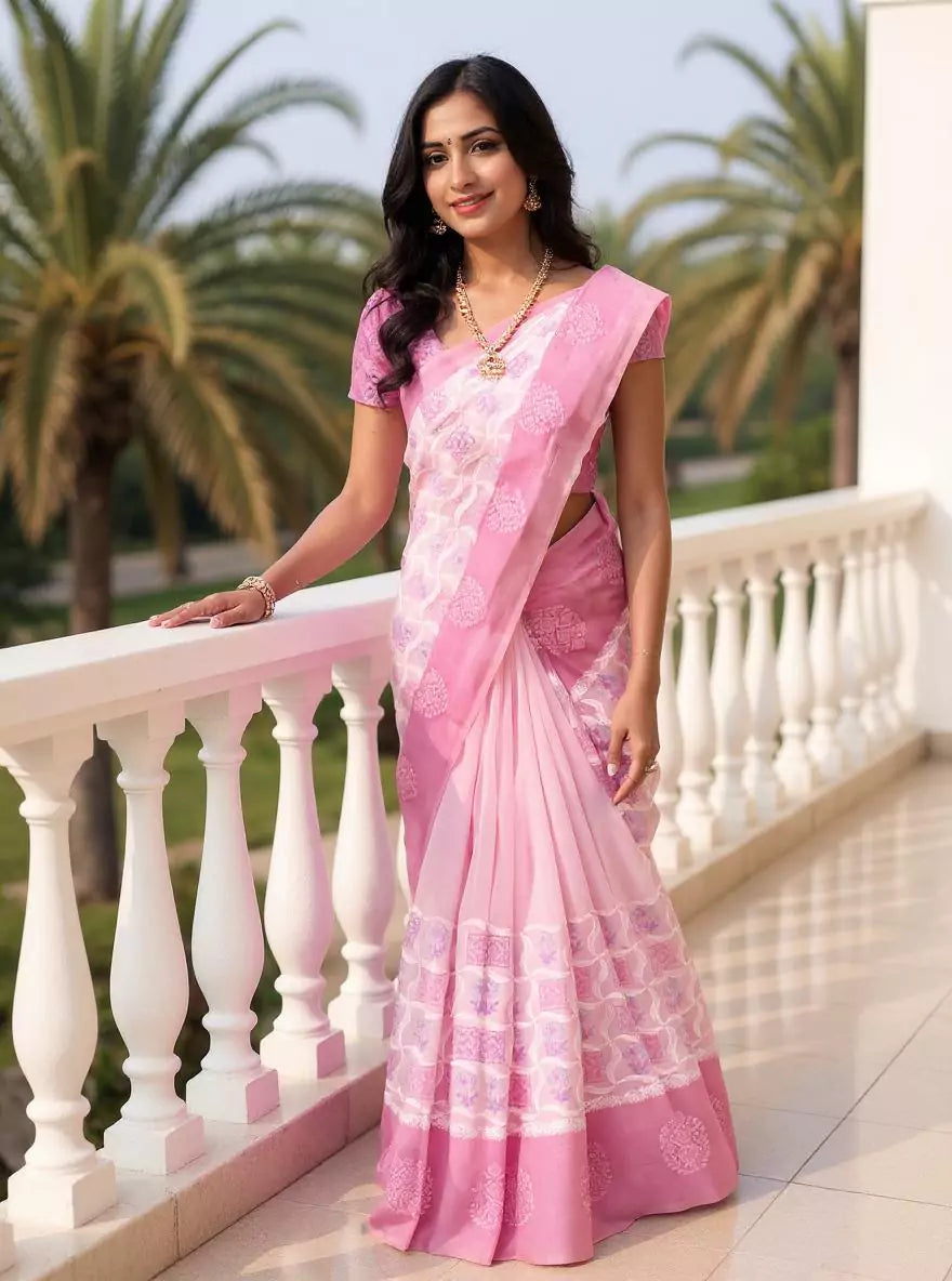 Floral Hand Print Light Pink Tussar Jute Saree