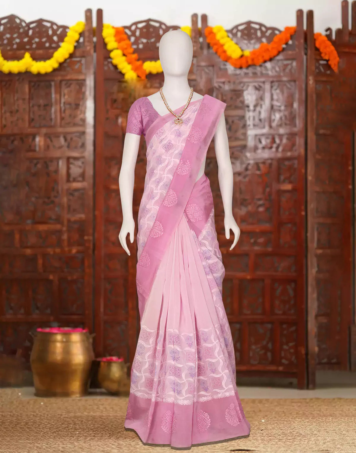 Floral Hand Print Light Pink Tussar Jute Saree