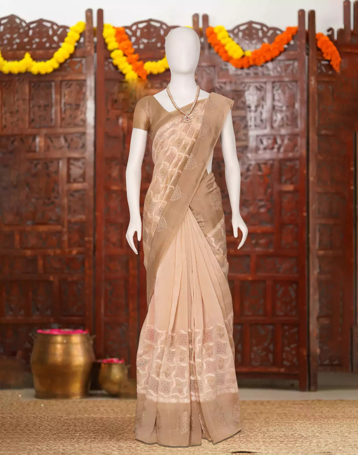 Beige Floral Hand Print Tussar Jute Saree