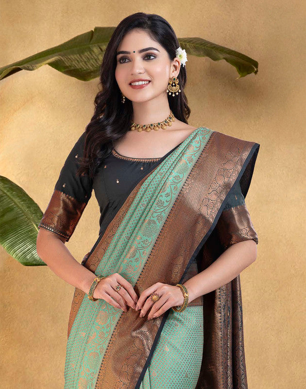 Attractive Sea Green Copper Zari Soft Banaras Fancy Saree