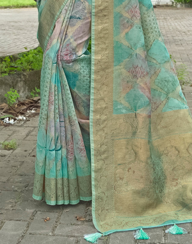 Beautiful Sea Green Floral Designer Jute Saree