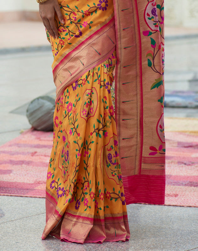 Bright Mustard Woven Banaras Paithani Silk Saree