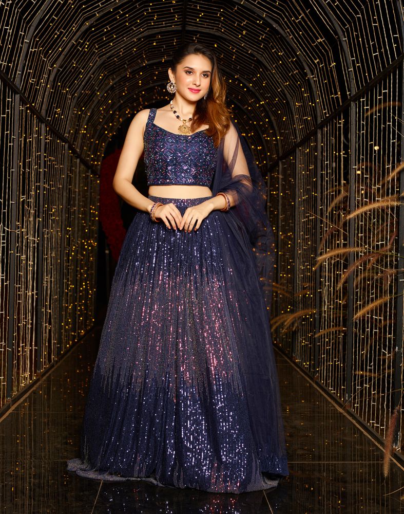 Designer Navy Blue Sequence work Netted Crop Top and Lehenga Set