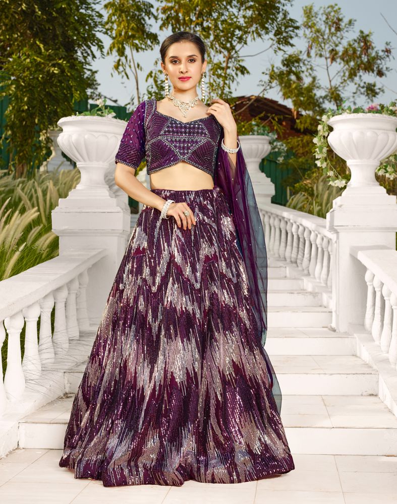 Designer Wine Coloured Netted Embellished work Crop Top and Lehenga Set