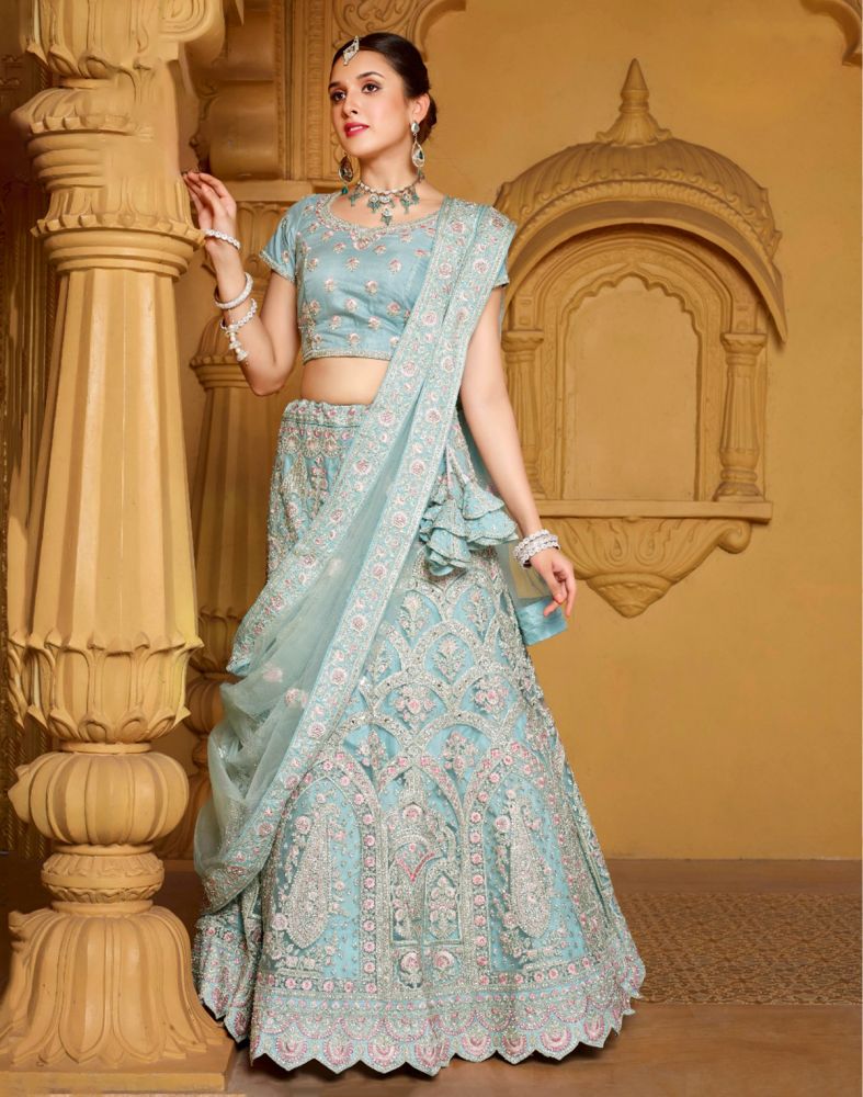 Designer Sea Green Floral Netted Stones work Crop Top and Lehenga Set