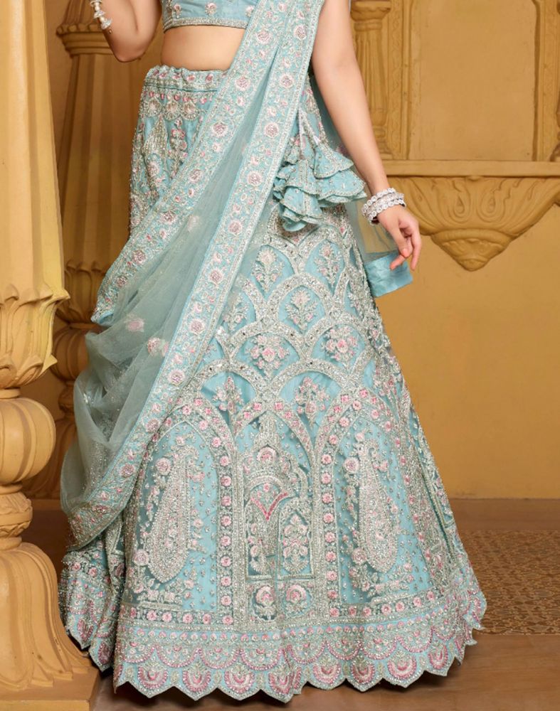 Designer Sea Green Floral Netted Stones work Crop Top and Lehenga Set