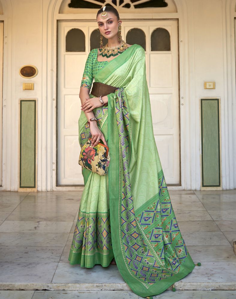 Parrot Green Bandhini Print Patola Saree