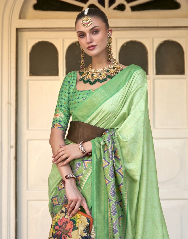 Parrot Green Bandhini Print Patola Saree