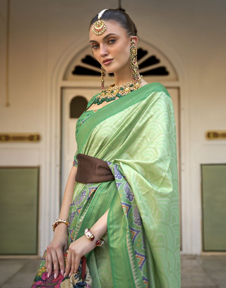 Parrot Green Bandhini Print Patola Saree