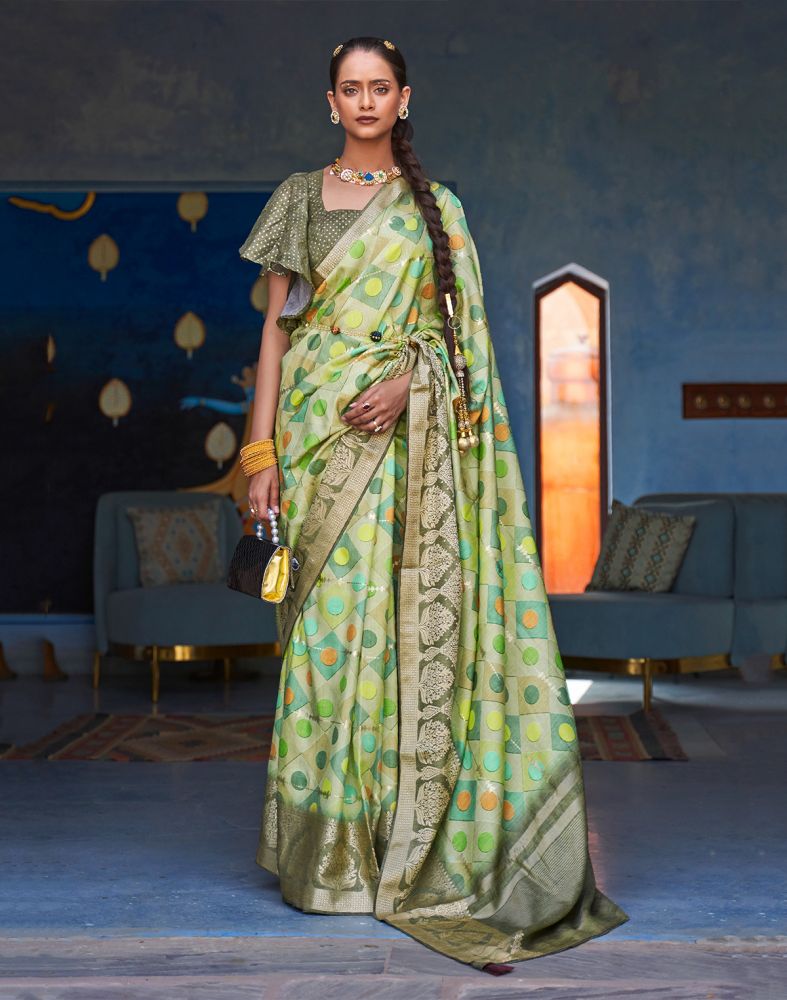 Parrot Green Polka Dots Pattern Banaras Silk Patola Saree