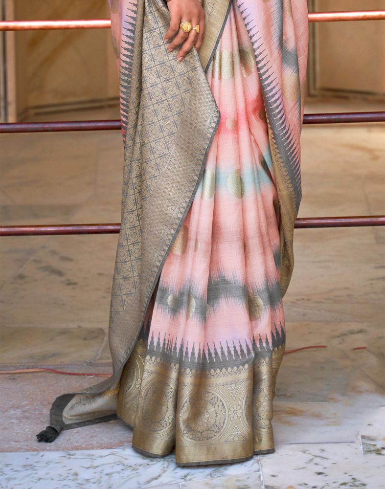 Peach Stripes Print Banaras Silk Patola Saree