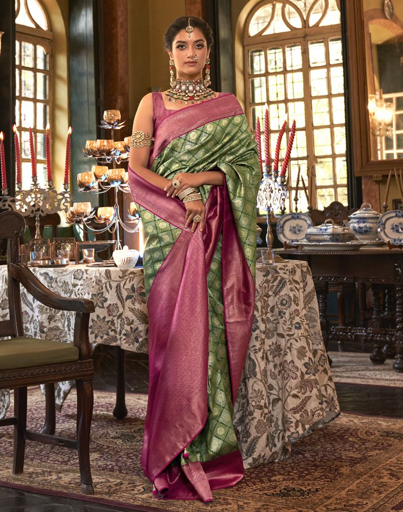 Traditional Green Geometric Pattern Soft Silk Saree