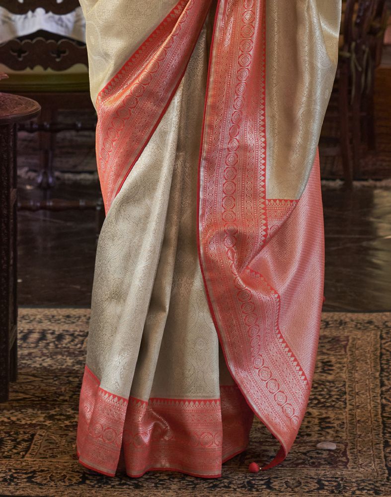 Gold And Red Self Design Weave Soft Silk Saree