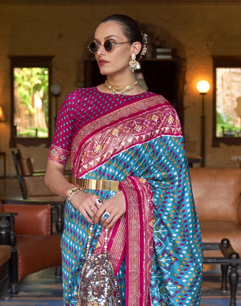 Aqua Sky Blue Ikat Print Patola Saree