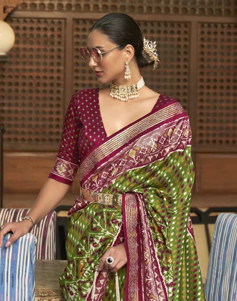 Green And Maroon Ikat Patola Printed Saree